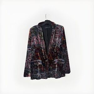 A673 ZARA VELVET MULTICOLOR BLAZER SILK BOHO DEEP PRINT JACKET COAT Med